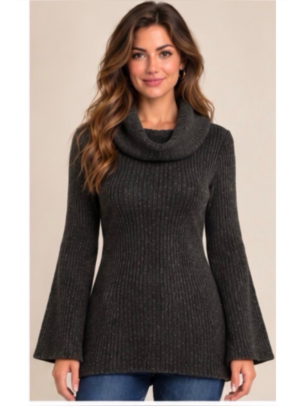 Glimmer Heather Brown Cowl Neck Flare Sleeve Long Sweater Women Sz M Mohair NWT